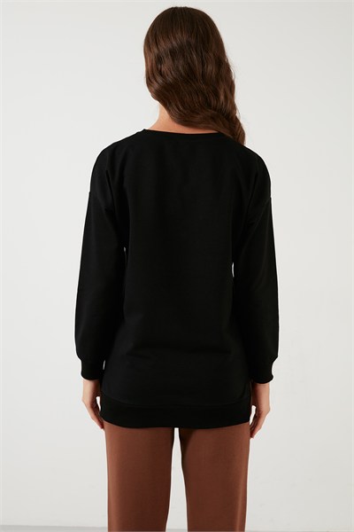 Pamuklu Regular Fit Bisiklet Yaka Basic Kadın Sweat 5863569 SİYAH