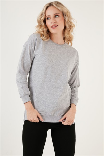 Pamuklu Regular Fit Bisiklet Yaka Basic Kadın Sweat 5863569 GRİ MELANJ
