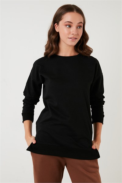 Pamuklu Regular Fit Bisiklet Yaka Basic Kadın Sweat 5863569 SİYAH