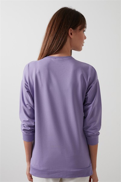 Pamuklu Regular Fit Bisiklet Yaka Basic Kadın Sweat 5863569 LİLA