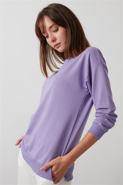 Pamuklu Regular Fit Bisiklet Yaka Basic Kadın Sweat 5863569 LİLA