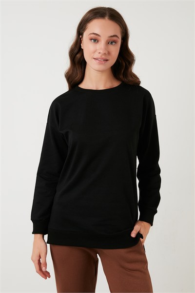Pamuklu Regular Fit Bisiklet Yaka Basic Kadın Sweat 5863569 SİYAH