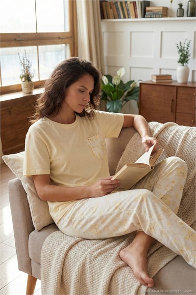 Pamuklu Regular Fit Bisiklet Yaka Cep Detaylı Kadın Pijama Takımı 6091325 SARI