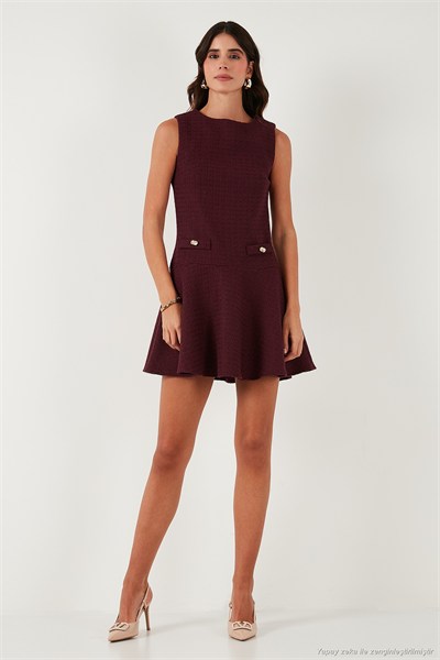 Pamuklu Regular Fit Bisiklet Yaka Düğme Detaylı A Kesim Mini Abiye Kadın Elbise 6525687 BORDO