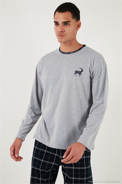 Pamuklu Regular Fit Bisiklet Yaka Ekoseli Erkek Pijama Takımı 6574001 GRİ