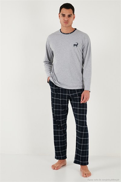 Pamuklu Regular Fit Bisiklet Yaka Ekoseli Erkek Pijama Takımı 6574001 GRİ