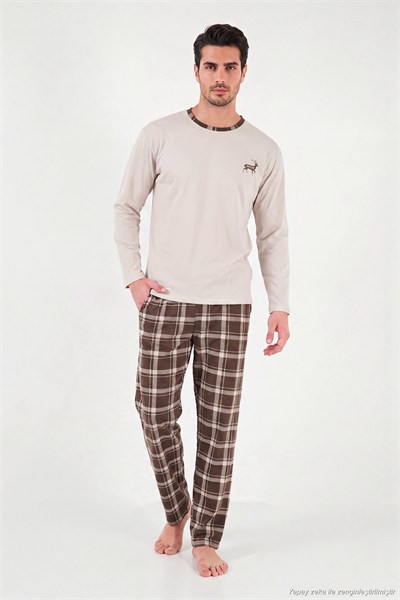 Pamuklu Regular Fit Bisiklet Yaka Ekoseli Erkek Pijama Takımı 6574001 BEJ