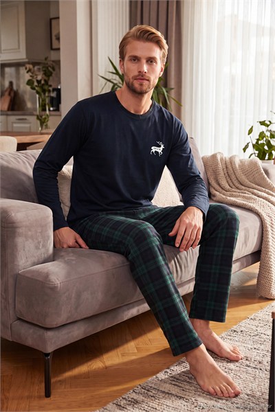 Pamuklu Regular Fit Bisiklet Yaka Ekoseli Erkek Pijama Takımı 6574001 LACİVERT