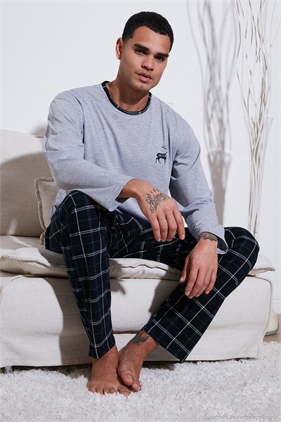 Pamuklu Regular Fit Bisiklet Yaka Ekoseli Erkek Pijama Takımı 6574001 GRİ
