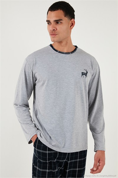Pamuklu Regular Fit Bisiklet Yaka Ekoseli Erkek Pijama Takımı 6574001 GRİ