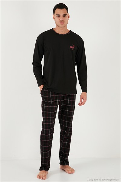 Pamuklu Regular Fit Bisiklet Yaka Ekoseli Erkek Pijama Takımı 6574001 SİYAH
