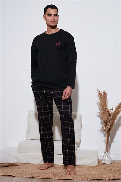 Pamuklu Regular Fit Bisiklet Yaka Ekoseli Erkek Pijama Takımı 6574001 SİYAH