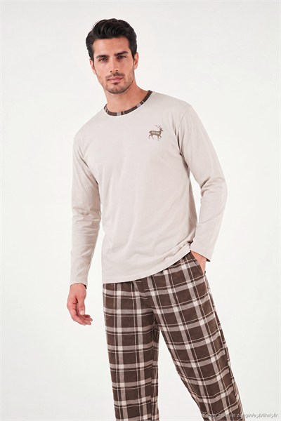Pamuklu Regular Fit Bisiklet Yaka Ekoseli Erkek Pijama Takımı 6574001 BEJ