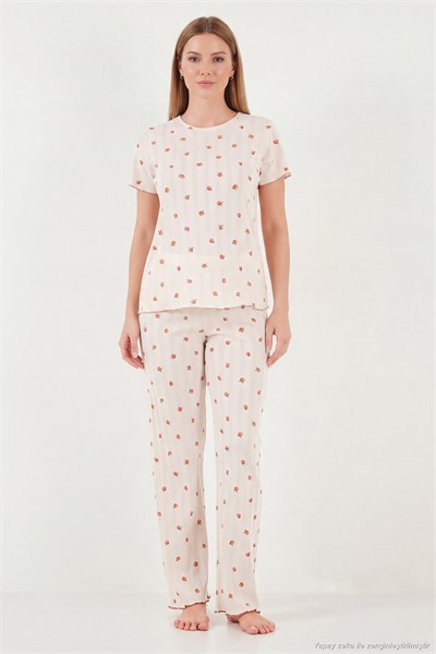 Pamuklu Regular Fit Bisiklet Yaka Kısa Kollu Desenli Rahat Kadın Pijama Takımı 65770753 EKRU