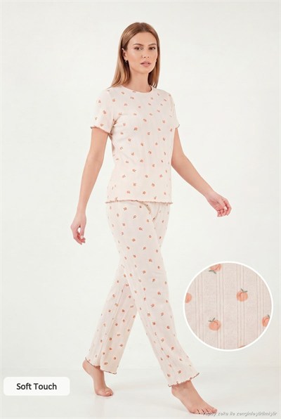 Pamuklu Regular Fit Bisiklet Yaka Kısa Kollu Desenli Rahat Kadın Pijama Takımı 65770753 EKRU