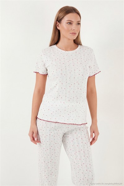 Pamuklu Regular Fit Bisiklet Yaka Kısa Kollu Desenli Rahat Kadın Pijama Takımı 65770753 BEYAZ-MOR