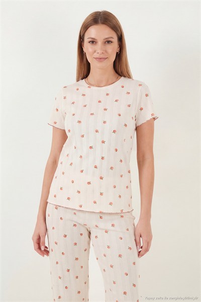 Pamuklu Regular Fit Bisiklet Yaka Kısa Kollu Desenli Rahat Kadın Pijama Takımı 65770753 EKRU