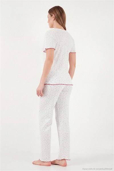 Pamuklu Regular Fit Bisiklet Yaka Kısa Kollu Desenli Rahat Kadın Pijama Takımı 65770753 BEYAZ-MOR