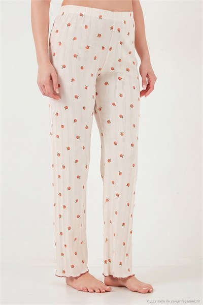 Pamuklu Regular Fit Bisiklet Yaka Kısa Kollu Desenli Rahat Kadın Pijama Takımı 65770753 EKRU