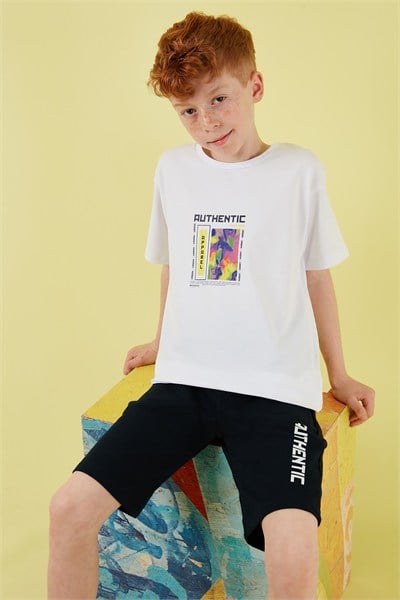 Pamuklu Regular Fit Bisiklet Yaka Şortlu Alt-Üst Erkek Çocuk Takım 6212011 BEYAZ