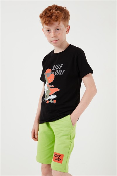 Pamuklu Regular Fit Bisiklet Yaka Şortlu Alt-Üst Erkek Çocuk Takım 6212014 SİYAH