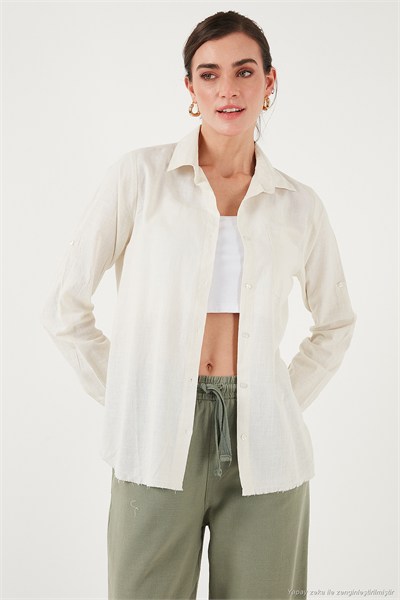 Pamuklu Regular Fit Cepli Kadın Gömlek CF25S16992 EKRU
