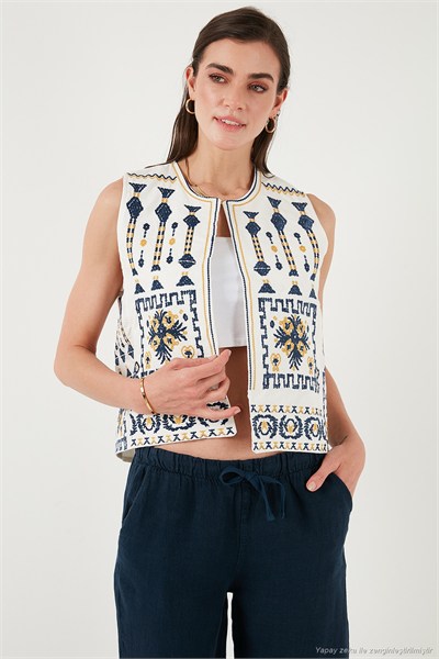 Pamuklu Regular Fit Çiçekli Nakış İşlemeli Kadın Yelek 676293 EKRU