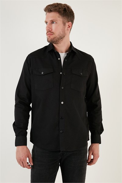 Pamuklu Regular Fit Çift Cepli Erkek Gömlek CF24W116927 SİYAH