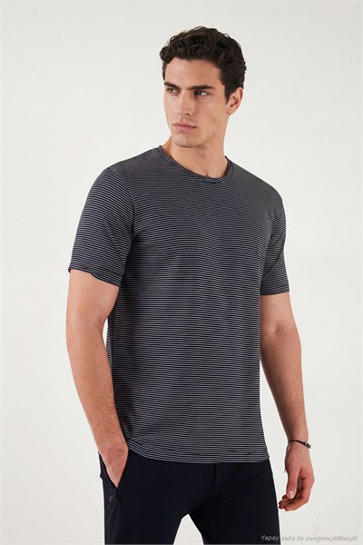 Pamuklu Regular Fit Çizgili Bisiklet Yaka Erkek T Shirt 5904030 LACİVERT