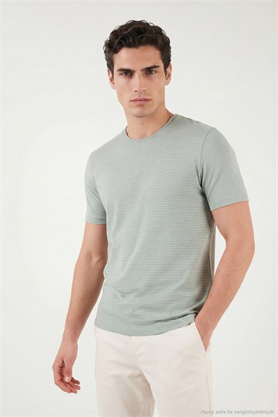 Pamuklu Regular Fit Çizgili Bisiklet Yaka Erkek T Shirt 5904030 ELMA YEŞİLİ
