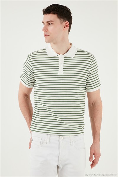 Pamuklu Regular Fit Çizgili Erkek Polo Yaka T Shirt 5903009 ELMA YEŞİLİ