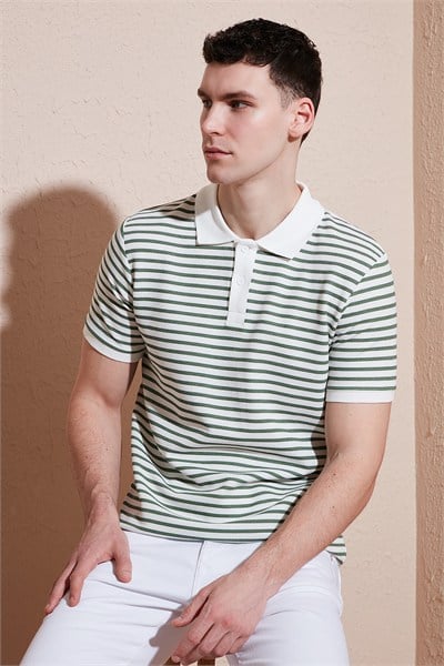 Pamuklu Regular Fit Çizgili Erkek Polo Yaka T Shirt 5903009 ELMA YEŞİLİ
