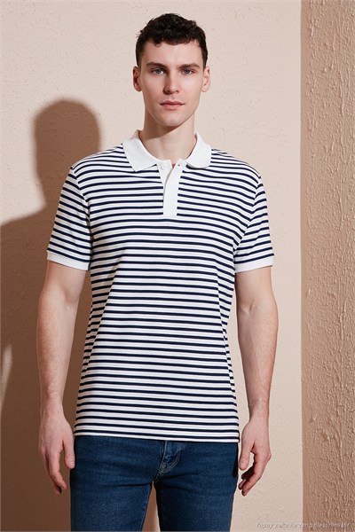 Pamuklu Regular Fit Çizgili Erkek Polo Yaka T Shirt 5903009 İNDİGO