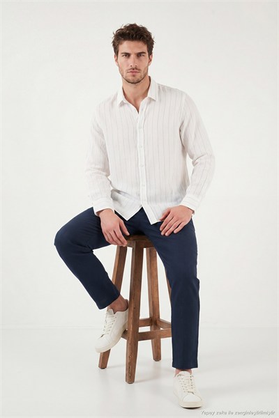 Pamuklu Regular Fit Çizgili Klasik Yaka Uzun Kollu Erkek Gömlek CF26S129774 BEYAZ