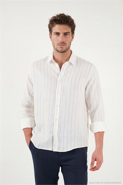 Pamuklu Regular Fit Çizgili Klasik Yaka Uzun Kollu Erkek Gömlek CF26S129774 BEYAZ