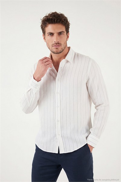 Pamuklu Regular Fit Çizgili Klasik Yaka Uzun Kollu Erkek Gömlek CF26S129774 BEYAZ