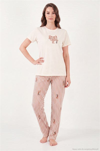 Pamuklu Regular Fit Desenli Bisiklet Yaka Kadın Pijama Takımı 65790784 EKRU-KAHVE