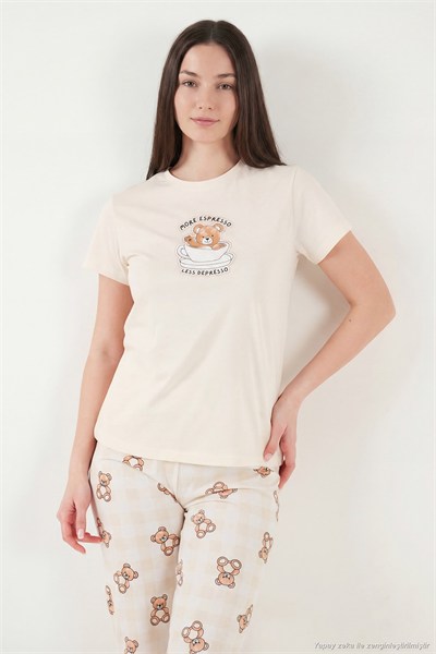 Pamuklu Regular Fit Desenli Bisiklet Yaka Kadın Pijama Takımı 65790784 EKRU