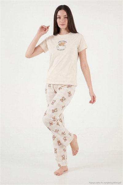 Pamuklu Regular Fit Desenli Bisiklet Yaka Kadın Pijama Takımı 65790784 EKRU
