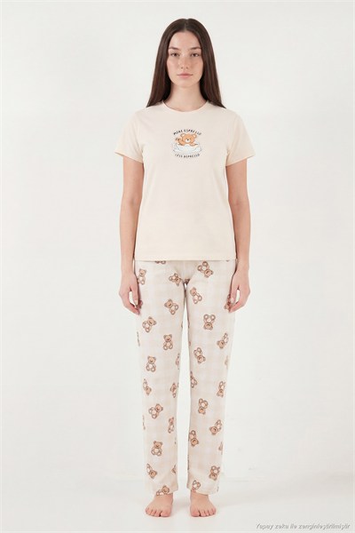 Pamuklu Regular Fit Desenli Bisiklet Yaka Kadın Pijama Takımı 65790784 EKRU