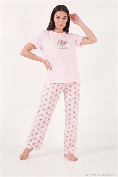 Pamuklu Regular Fit Desenli Bisiklet Yaka Kadın Pijama Takımı 65790784 PEMBE