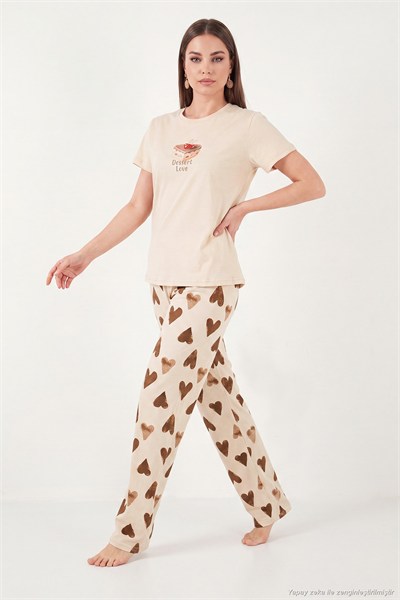 Pamuklu Regular Fit Desenli Bisiklet Yaka Kadın Pijama Takımı 65790784 KAHVE