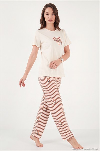 Pamuklu Regular Fit Desenli Bisiklet Yaka Kadın Pijama Takımı 65790784 EKRU-KAHVE
