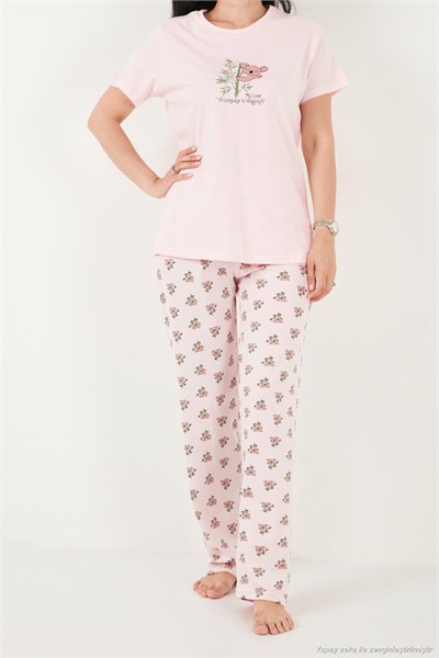 Pamuklu Regular Fit Desenli Bisiklet Yaka Kadın Pijama Takımı 65790784 PEMBE
