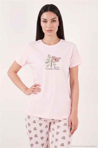 Pamuklu Regular Fit Desenli Bisiklet Yaka Kadın Pijama Takımı 65790784 PEMBE