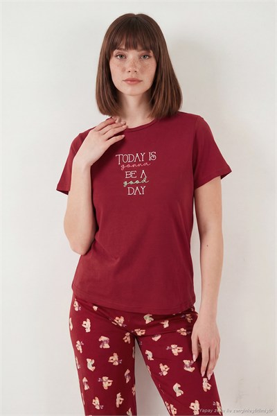 Pamuklu Regular Fit Desenli Bisiklet Yaka Kadın Pijama Takımı 65790784 KIRMIZI
