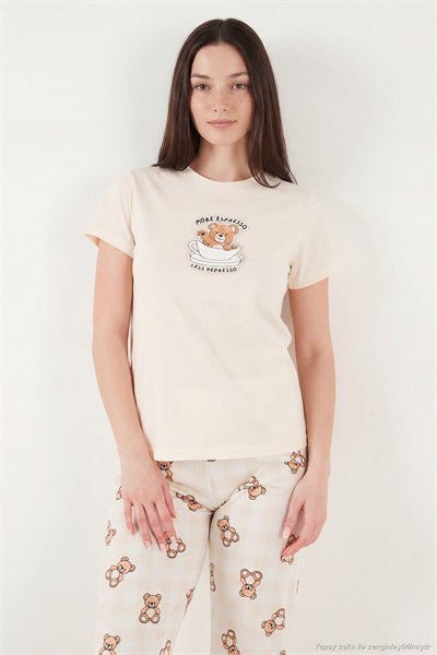 Pamuklu Regular Fit Desenli Bisiklet Yaka Kadın Pijama Takımı 65790784 EKRU