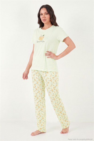 Pamuklu Regular Fit Desenli Bisiklet Yaka Kadın Pijama Takımı 65790784 YEŞİL