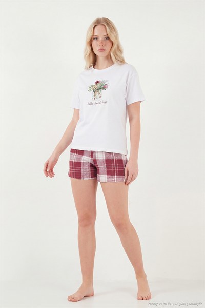 Pamuklu Regular Fit Desenli Şortlu Kadın Pijama Takımı 65790782 BEYAZ-BORDO