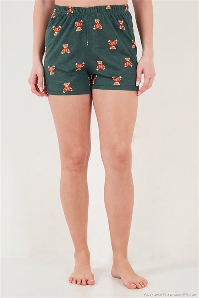 Pamuklu Regular Fit Desenli Şortlu Kadın Pijama Takımı 65790782 BEYAZ-YEŞİL